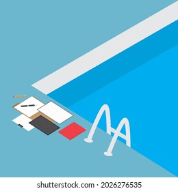 workation, working remotely from the pool- vector illustration