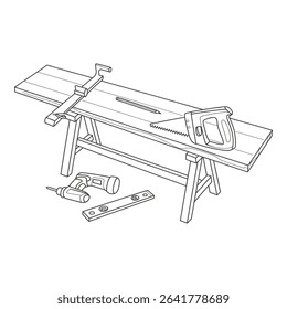 Workbench with carpentry tools including saw drill and level