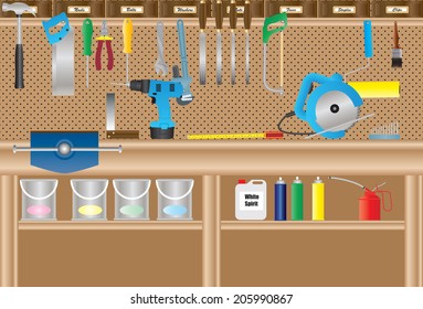 A Workbench with Cordless Drill ,Circular Saw, Hand tools, Paint Cans, Paint Brush, Paint Roller, Aerosols, Oil Can, Drill Bits.