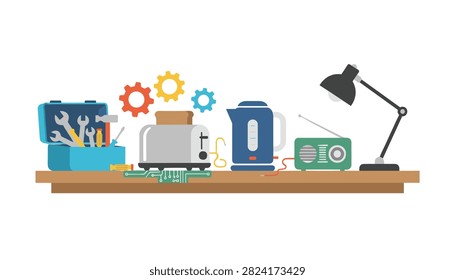 Workbench featuring an open toolbox filled with wrenches alongside a toaster, electric kettle, vintage radio, and desk lamp with floating gears.