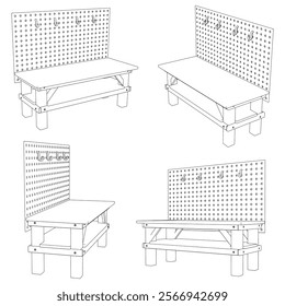 Workbench Line Art Vector Illustration on White Background. Functional and Detailed Design for Workshops, DIY, and Crafting