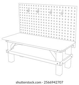 Workbench Line Art Vector Illustration on White Background. Functional and Detailed Design for Workshops, DIY, and Crafting