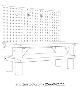 Workbench Line Art Vector Illustration on White Background. Functional and Detailed Design for Workshops, DIY, and Crafting