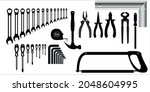 Workbench with tools icon set, workbench with tools vector - hammer, screwdriver, allen wrench, hand saw, phlips wrench, pliers, measuring tape, spanner. tools silhouettes in the workshop