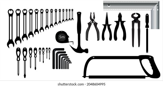 Workbench with tools icon set, workbench with tools vector - hammer, screwdriver, allen wrench, hand saw, phlips wrench, pliers, measuring tape, spanner. tools silhouettes in the workshop