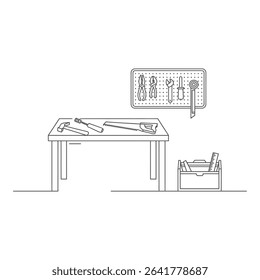 Workbench with tools isolated on white background in line art style