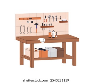 Workbench in workshop with repair tools, work equipment. Workspace, storage table, garage with mechanic supplies, hammer, wrench and screwdriver. Flat vector illustration isolated on white background