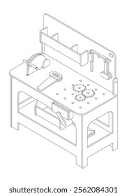 Workbench in workshop with repair tools, work equipment. Workspace, storage table, garage with mechanic supplies, hammer, wrench and screwdriver. Vector illustration isolated on white background