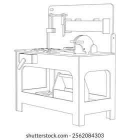 Workbench in workshop with repair tools, work equipment. Workspace, storage table, garage with mechanic supplies, hammer, wrench and screwdriver. Vector illustration isolated on white background