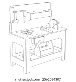 Workbench in workshop with repair tools, work equipment. Workspace, storage table, garage with mechanic supplies, hammer, wrench and screwdriver. Vector illustration isolated on white background