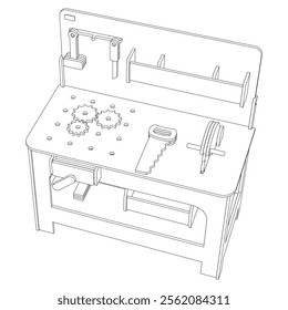 Workbench in workshop with repair tools, work equipment. Workspace, storage table, garage with mechanic supplies, hammer, wrench and screwdriver. Vector illustration isolated on white background