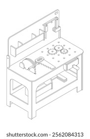 Workbench in workshop with repair tools, work equipment. Workspace, storage table, garage with mechanic supplies, hammer, wrench and screwdriver. Vector illustration isolated on white background