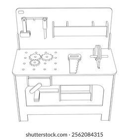 Workbench in workshop with repair tools, work equipment. Workspace, storage table, garage with mechanic supplies, hammer, wrench and screwdriver. Vector illustration isolated on white background