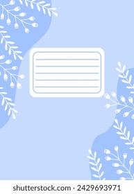 Plantilla de portada de libro, lugar para notas, fondo de primavera azul con flores y ramas, vector