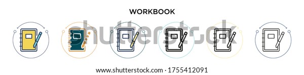 Workbook icon in filled,\
thin line, outline and stroke style. Vector illustration of two\
colored and black workbook vector icons designs can be used for\
mobile, ui, web