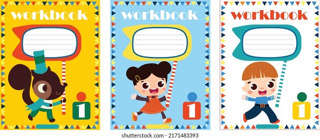  Workbook. Kids Notebook Or Exercise Book Cover Vector Template With Animal. Lern Gramma Ruls Background. Kids. Animals.