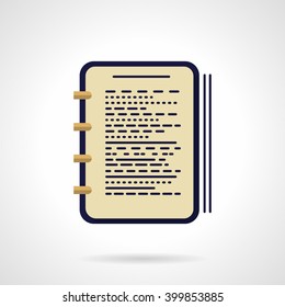 Workbook with notes and pen. Office supplies. Journalist or writer accessories. Flat color style vector icon