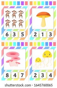 Libro de matemáticas para la educación escolar. Rompecabezas para los niños. Aprende a contar. Resuelva ejemplos.