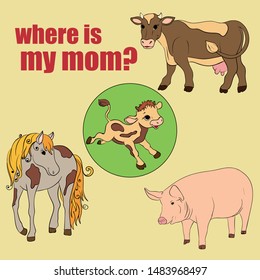 Workbook for preschool education. Education for kids. Сow, pig, horse.  Puzzles for children. Vector illustration. 