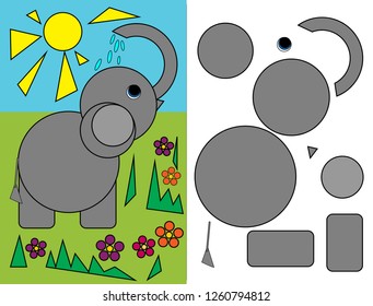 Workbook  for preschool education. We learn shapes. Circle, square, triangle. Logic tasks for preschool children.  Puzzles for children. Applique, geometric shapes. Elephant. Vector illustration.