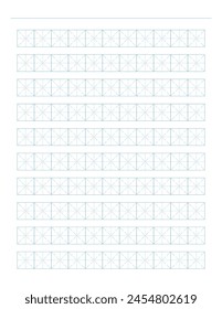 Workbook for writing hieroglyphs. Lined mesh paper for printing. Geometric pattern for school. Lined paper. Simulator for writing Chinese characters. Page of calligraphy exercises. Graph paper.