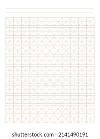 Workbook for writing hieroglyphs. Lined paper for printing. Geometric pattern for school. Realistic lined paper. Simulator for writing Chinese characters. Page of calligraphy exercises. Graph paper.