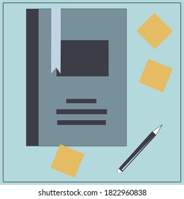 Workbooks, stickers, pens and pencils, Notepad, notebook, documents. A set of items on the table. Desktop. Laptop, phone, flower, coffee mug, calculator, phone, tablet. Vector isolated images.