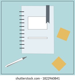 Workbooks, stickers, pens and pencils, Notepad, notebook, documents. A set of items on the table. Desktop. Laptop, phone, flower, coffee mug, calculator, phone, tablet. Vector isolated images.