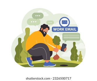 Workcation. Chatacter working away from the office. Digital nomad or freelancer working remotely and globaly. Flexible schedule, outsource technology and work tourism. Flat vector illustration