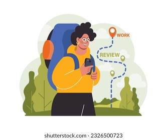 Arbeit. Chatacter arbeitet weg vom Büro. Digital nomad oder freelancer arbeiten remote und global. Flexibler Zeitplan, Outsource-Technologie und Arbeitstourismus. Flache Vektorgrafik
