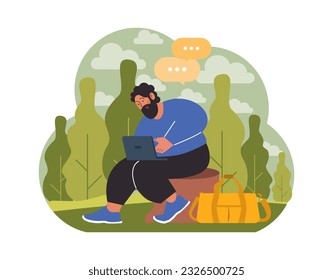 Workcation. Chatacter working away from the office. Digital nomad or freelancer working remotely and globaly. Flexible schedule, outsource technology and work tourism. Flat vector illustration