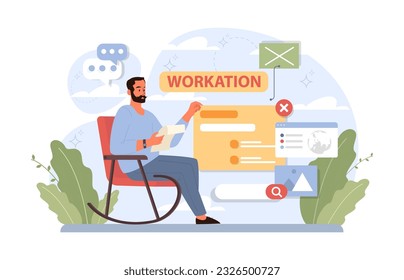 Workcation. Chatacter working away from the office. Digital nomad or freelancer working remotely and globaly. Flexible schedule, outsource technology and work tourism. Flat vector illustration