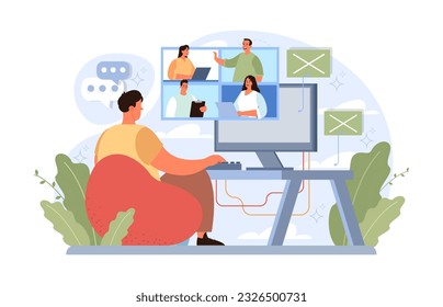 Workcation. Chatacter working away from the office. Digital nomad or freelancer working remotely and globaly. Flexible schedule, outsource technology and work tourism. Flat vector illustration