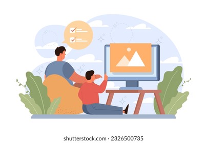 Workcation. Chatacter working away from the office. Digital nomad or freelancer working remotely and globaly. Flexible schedule, outsource technology and work tourism. Flat vector illustration