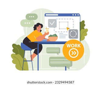 Workcation. Chatacter working away from the office. Digital nomad or freelancer working remotely and globaly. Flexible schedule, outsource technology and work tourism. Flat vector illustration