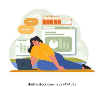 Workcation. Chatacter working away from the office. Digital nomad or freelancer working remotely and globaly. Flexible schedule, outsource technology and work tourism. Flat vector illustration
