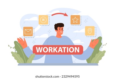 Arbeit. Chatacter arbeitet weg vom Büro. Digital nomad oder freelancer arbeiten remote und global. Flexibler Zeitplan, Outsource-Technologie und Arbeitstourismus. Flache Vektorgrafik