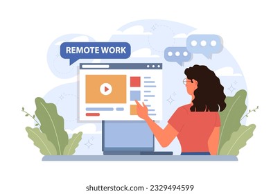 Workcation. Chatacter working away from the office. Digital nomad or freelancer working remotely and globaly. Flexible schedule, outsource technology and work tourism. Flat vector illustration