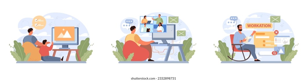 Workcation. Chatacter working away from the office. Digital nomad or freelancer working remotely and globaly. Flexible schedule, outsource technology and work tourism. Flat vector illustration