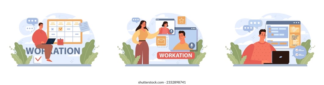 Workcation. Chatacter working away from the office. Digital nomad or freelancer working remotely and globaly. Flexible schedule, outsource technology and work tourism. Flat vector illustration