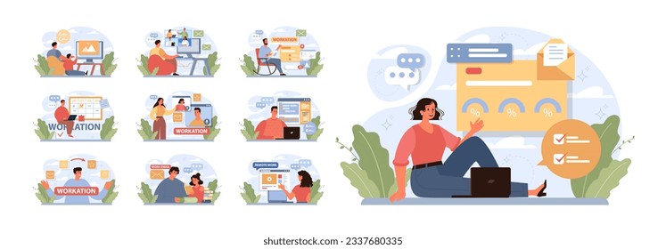 Workcation. Chatacter working away from the office. Digital nomad or freelancer working remotely and globaly. Flexible schedule, outsource technology and work tourism. Flat vector illustration