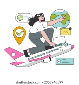 Workcation. Chatacter working away from the office. Digital nomad or freelancer working remotely and globaly. Flexible schedule, outsource technology and work tourism. Flat vector illustration