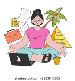 Workcation. Chatacter working away from the office. Digital nomad or freelancer working remotely and globaly. Flexible schedule, outsource technology and work tourism. Flat vector illustration