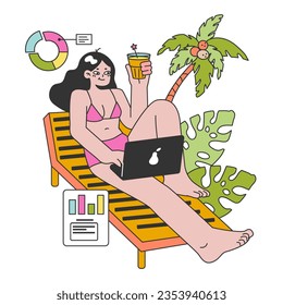 Workcation. Chatacter working away from the office. Digital nomad or freelancer working remotely and globaly. Flexible schedule, outsource technology and work tourism. Flat vector illustration