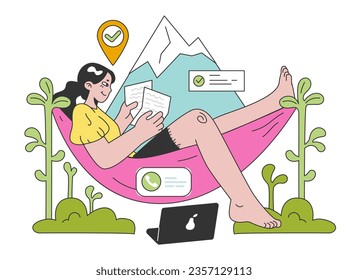 Workcation. Chatacter working away from the office. Digital nomad or freelancer working remotely and globaly. Flexible schedule, outsource technology and work tourism. Flat vector illustration