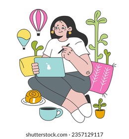 Workcation. Chatacter working away from the office. Digital nomad or freelancer working remotely and globaly. Flexible schedule, outsource technology and work tourism. Flat vector illustration