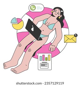 Workcation. Chatacter working away from the office. Digital nomad or freelancer working remotely and globaly. Flexible schedule, outsource technology and work tourism. Flat vector illustration