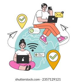 Workcation. Chatacter working away from the office. Digital nomad or freelancer working remotely and globaly. Flexible schedule, outsource technology and work tourism. Flat vector illustration