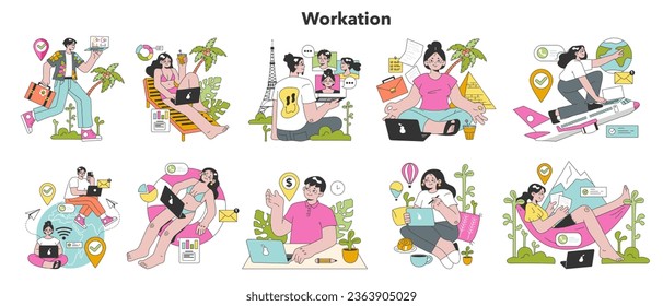 Workcation set. Chatacter working away from the office. Digital nomad or freelancer working remotely and globaly. Flexible schedule, outsource technology and work tourism. Flat vector illustration