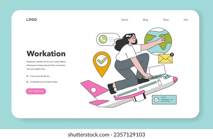 Workcation web banner or landing page. Chatacter working away from the office. Digital nomad or freelancer working remotely and globaly. Flexible schedule, work tourism. Flat vector illustration